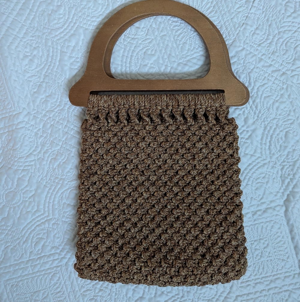 Vintage 1970's Woven Macrame Purse With Wooden Handle, Please Read